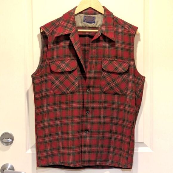 60s Vintage Pendleton Men's M Plaid Wool Button Down Cutoff Board Vest - Picture 1 of 5